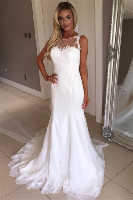 Sexy Floor Length Sleeveless Mermaid Lace White beach Wedding Dresses