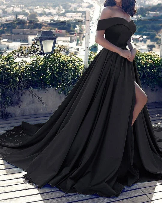 Sexy Off Shoulders Satin Black Long Evening Formal Dress Split Wedding Guest Dress