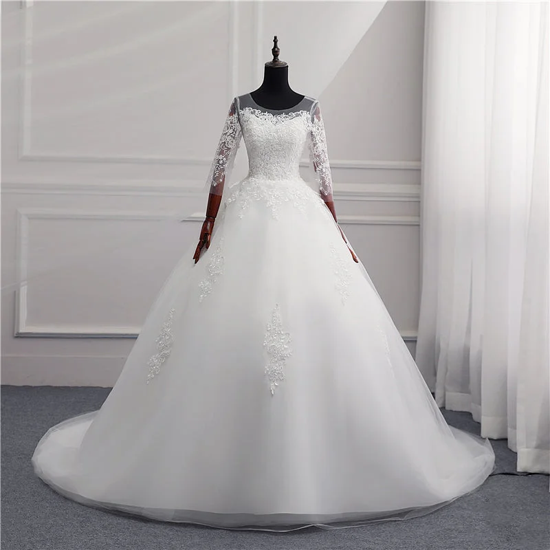 Sexy Open Back Lace Ball Gown Wedding Dresses Appliques Sleeves