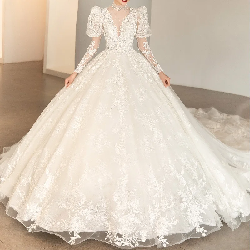 Sheer O-neck Puffy Lantern Long Sleeve Lace Wedding Dresses