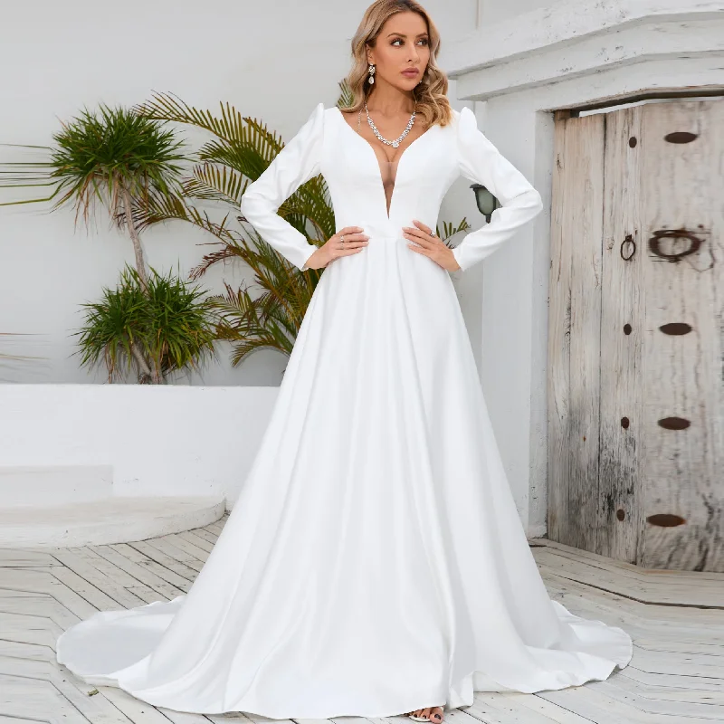 Simple and Sleek A-line Satin Wedding Dress with Long Sleeves