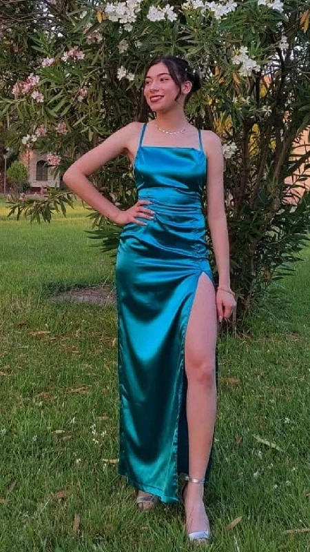 Simple Emerald Prom Dresses Green Classic Long Wedding Guest Dress Hight Split