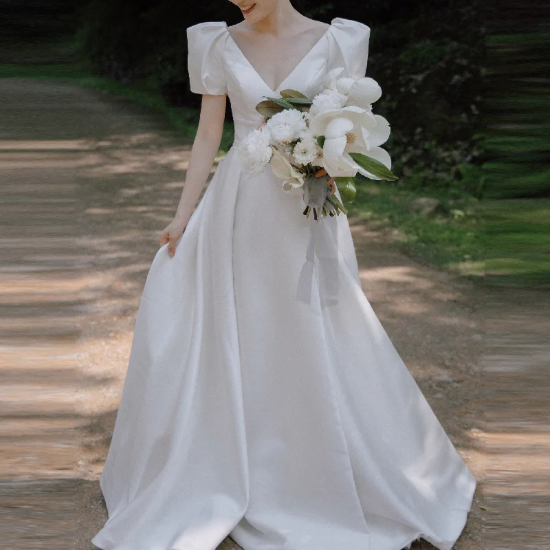 Simple Outdoor V-neck Satin Wedding Dress with Short Sleeve