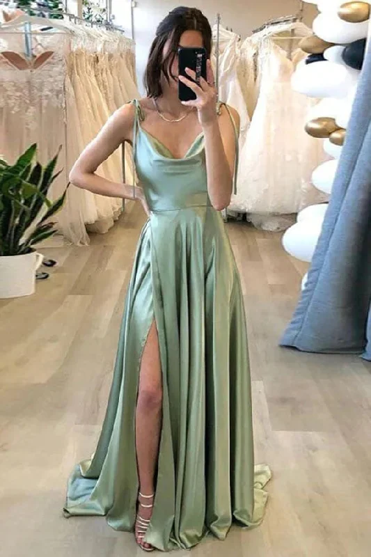 Simple Silk Satin Sage Wedding Guest Dress A Line Long Summer Maxi Dress