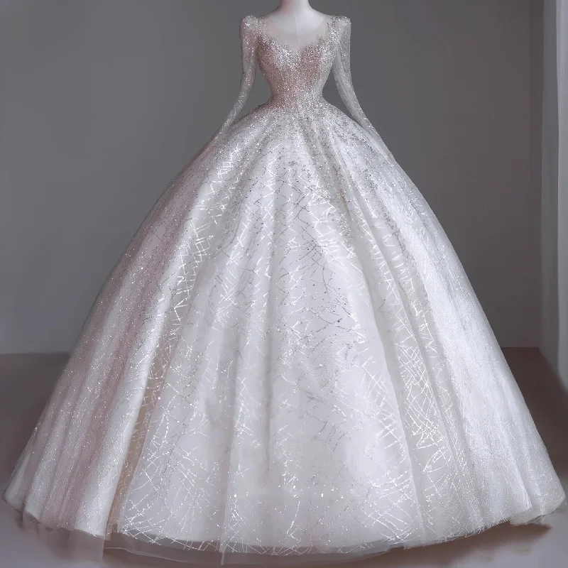 Sparkly Ball Gown Long Sleeve Wedding Dress with Long Bowknot