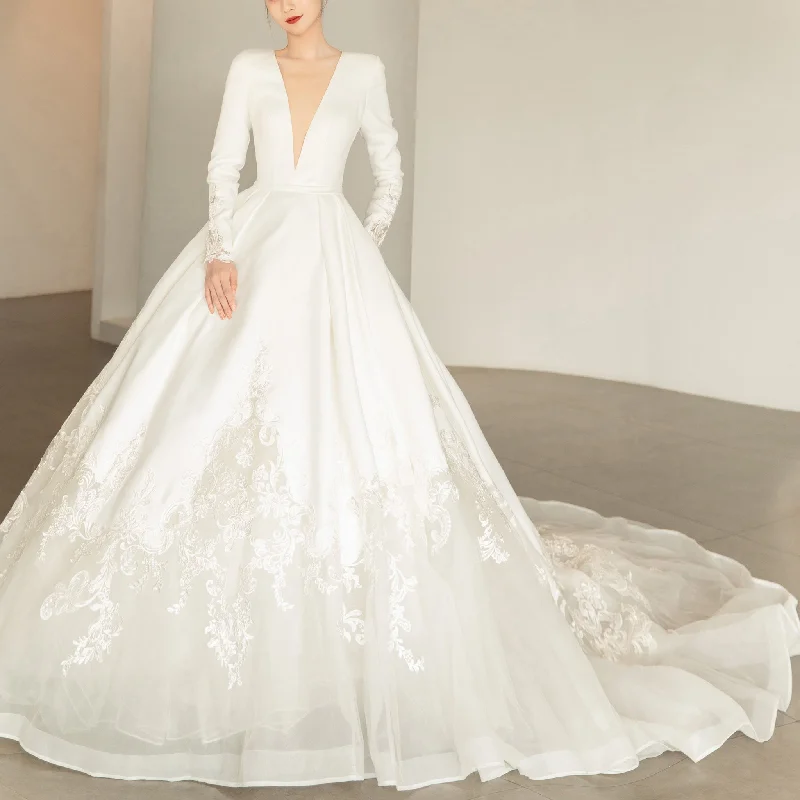 V-Neck Long Sleeve Wedding Dress with Pocket & High Sheer Back